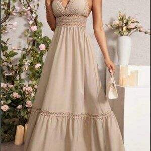 SHEIN Beige Lace Trim Maxi Dress